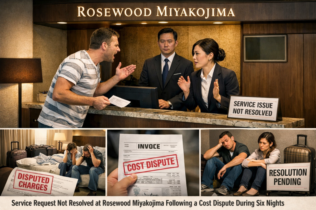 	A guest staying at Rosewood Miyakojima for six nights in January 2026, with total on-property charges exceeding JPY 4,000,000, reported that a routine service request remained unresolved throughout the stay due to a disagreement over ancillary costs.
